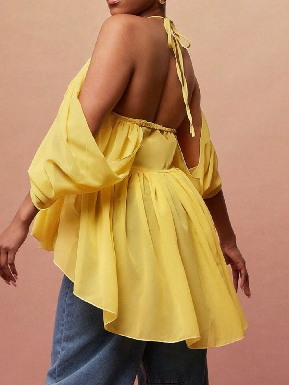 Yellow Casual Women's Chiffon Off Shoulder Sleeve Asymmetrical Peplum Top - Picture 2 of 5